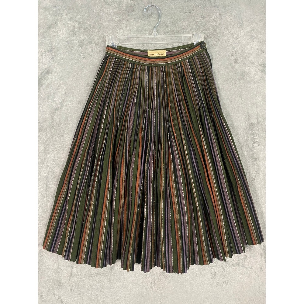 VTG Alex Colman Caifornia Skirt Sz XS/S Green Multi Stripe Pleated 60s 70s Gypsy